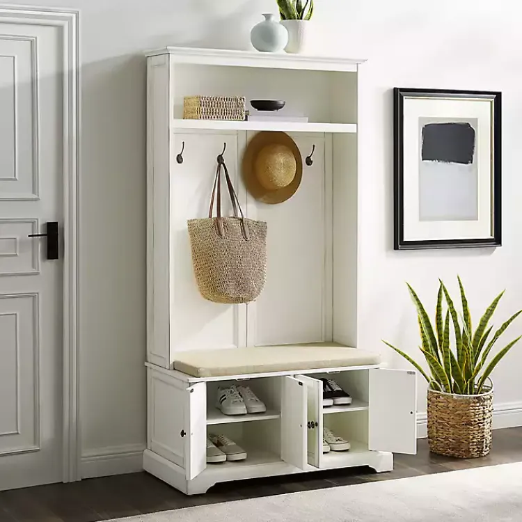 Entryway Furniture-Kirklands Home Wood Hall Tree with Cushioned Bench White