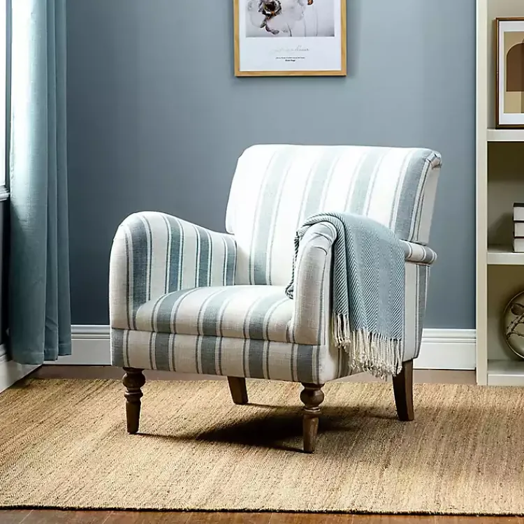 Accent Chairs-Kirklands Home Blue White Carved Slope Stripe Accent Chair