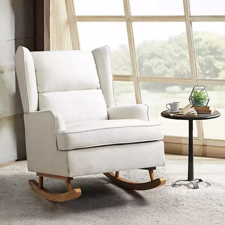 Accent Chairs-Kirklands Home Cream Upholstered Wingback Rocking Chair Ivory