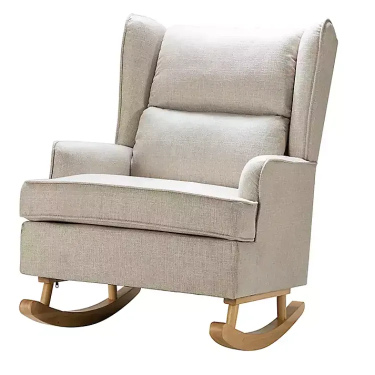Accent Chairs-Kirklands Home Taupe Upholstered Natural Base Wingback Rocker Tan