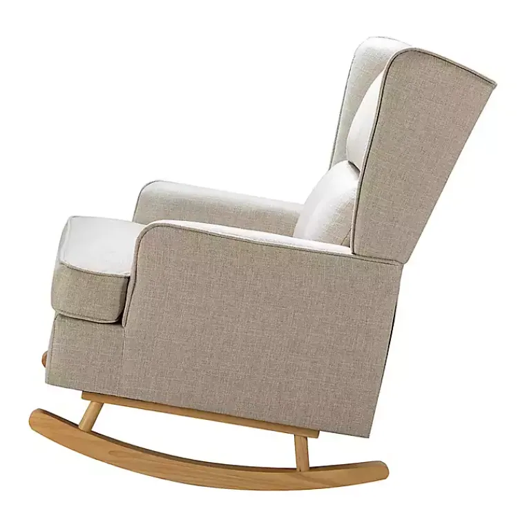 Accent Chairs-Kirklands Home Taupe Upholstered Natural Base Wingback Rocker Tan