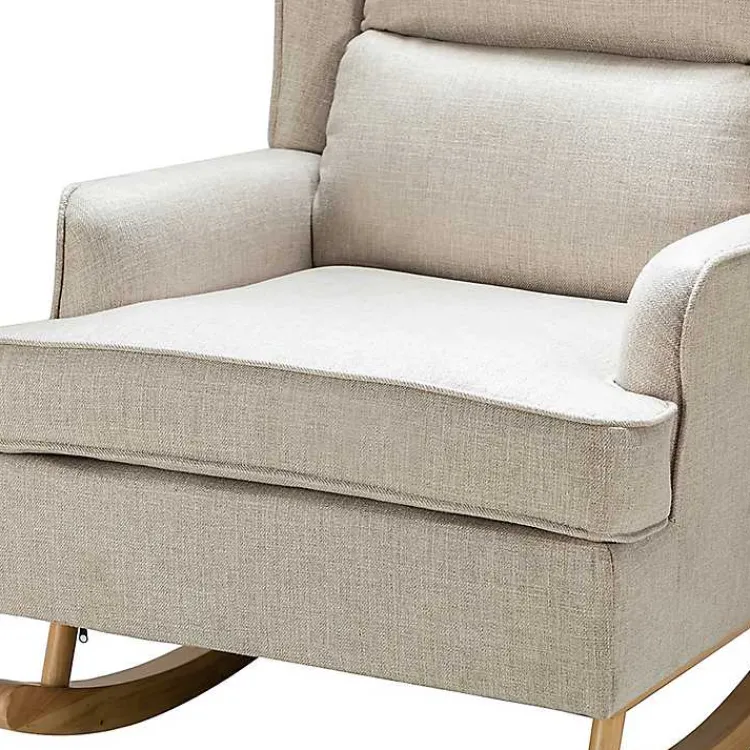 Accent Chairs-Kirklands Home Taupe Upholstered Natural Base Wingback Rocker Tan
