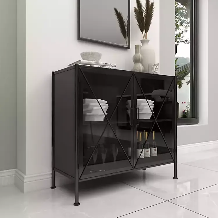Cabinets & Sideboards-Kirklands Home Iron X-Panel Cabinet Black
