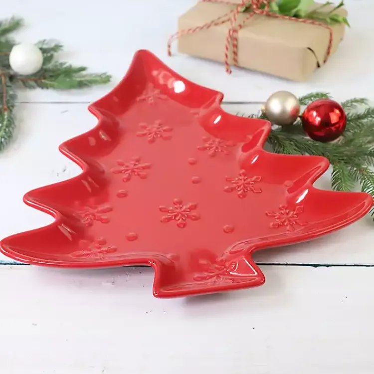 Serving & Entertaining-Kirklands Home Christmas Tree and Snowflakes Serving Platter Red