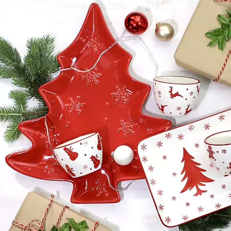 Serving & Entertaining-Kirklands Home Christmas Tree and Snowflakes Serving Platter Red
