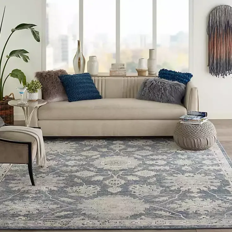 Area Rugs-Kirklands Home Smokey Blue and Ivory Floral Area Rug, 6x9