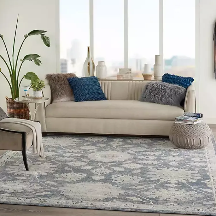 Area Rugs-Kirklands Home Smokey Blue and Ivory Floral Area Rug, 6x9