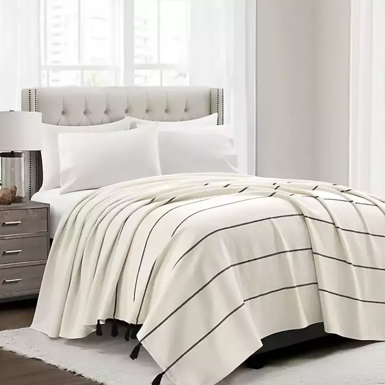 Bedspreads & Coverlets-Kirklands Home and Black Striped King Coverlet Ivory