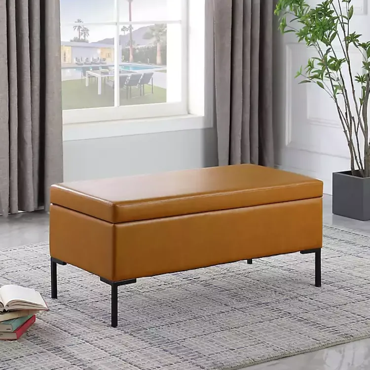 Benches & Ottomans-Kirklands Home Caramel Vegan Leather Storage Bench Brown
