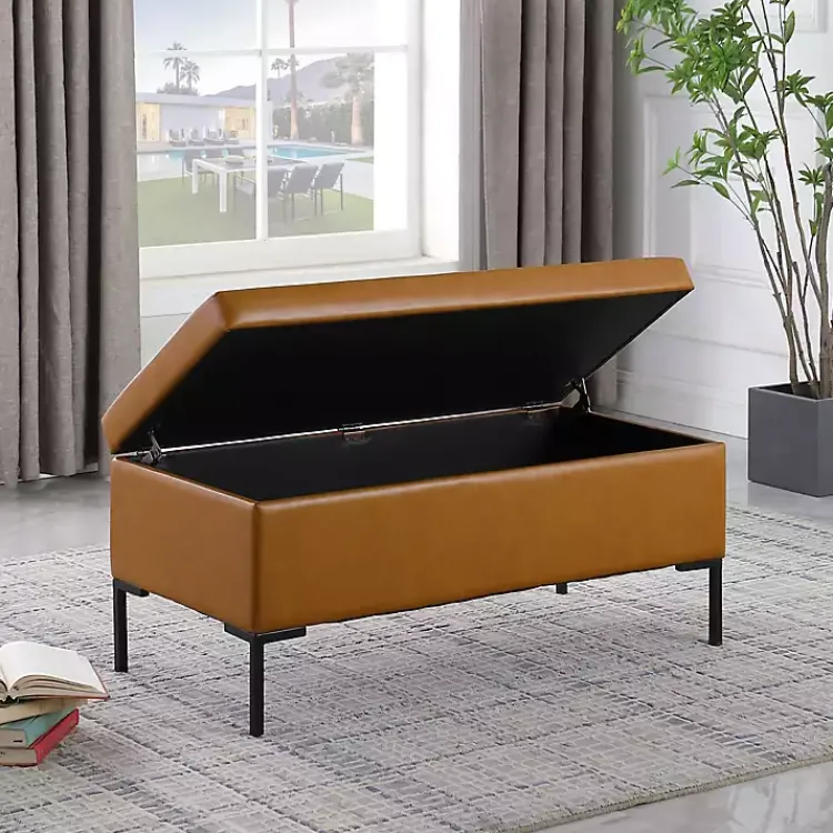 Benches & Ottomans-Kirklands Home Caramel Vegan Leather Storage Bench Brown
