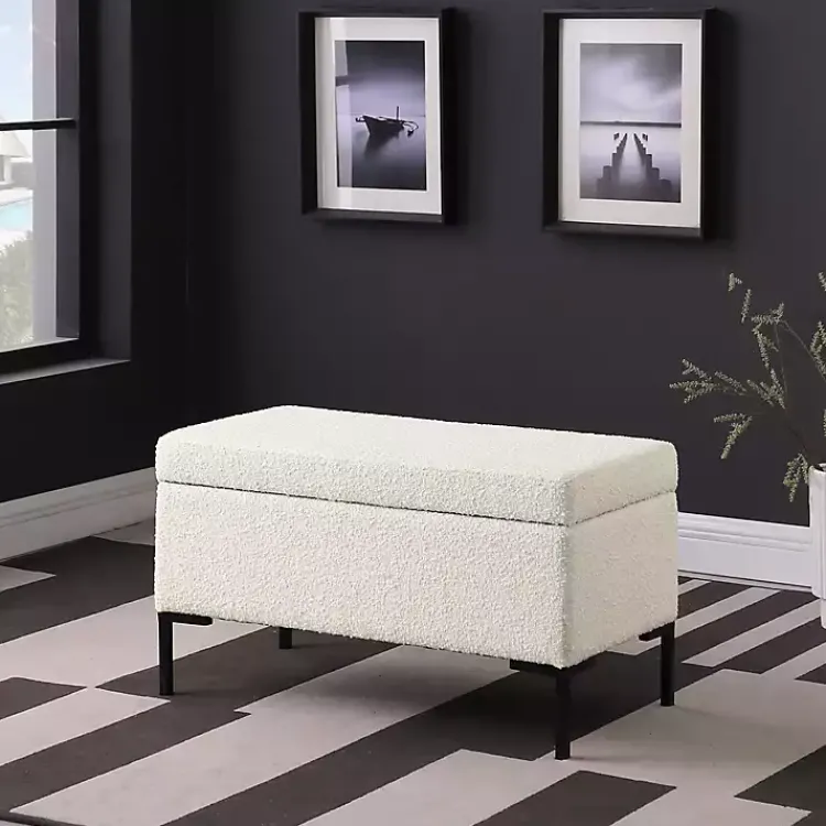Benches & Ottomans-Kirklands Home Cream Boucle Black Metal Storage Bench Ivory