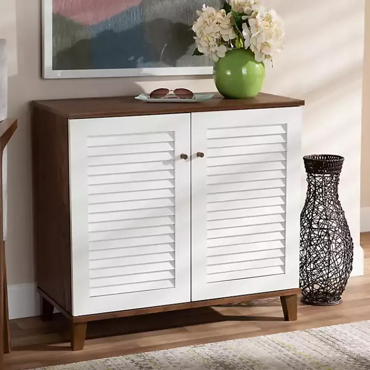 Entryway Furniture-Kirklands Home Collier Two-Tone Slatted Shoe Storage Cabinet