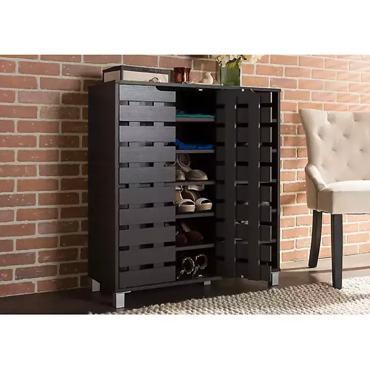 Entryway Furniture-Kirklands Home Aldrich Black Slatted Shoe Storage Cabinet