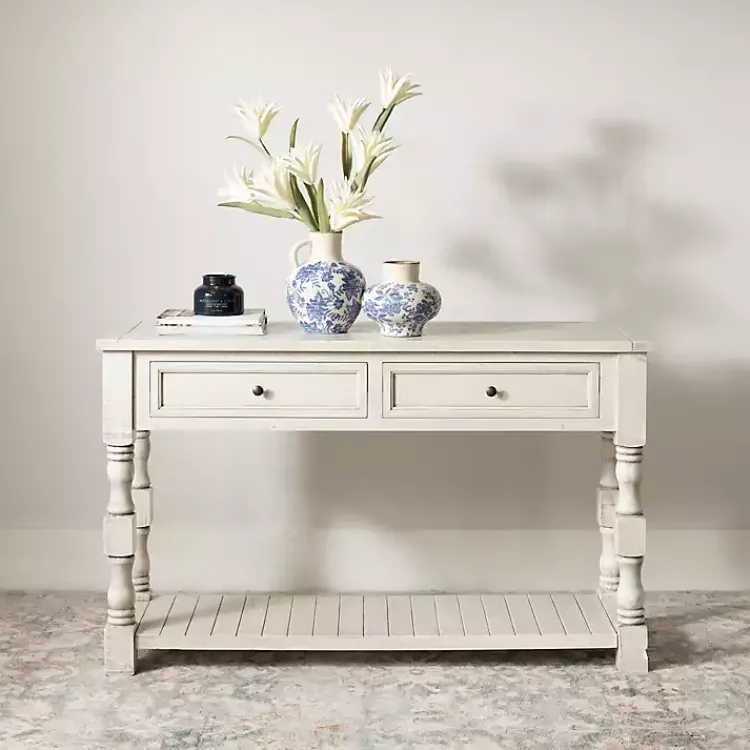 Console Tables-Kirklands Home Savannah Cream Distressed Console Table Ivory