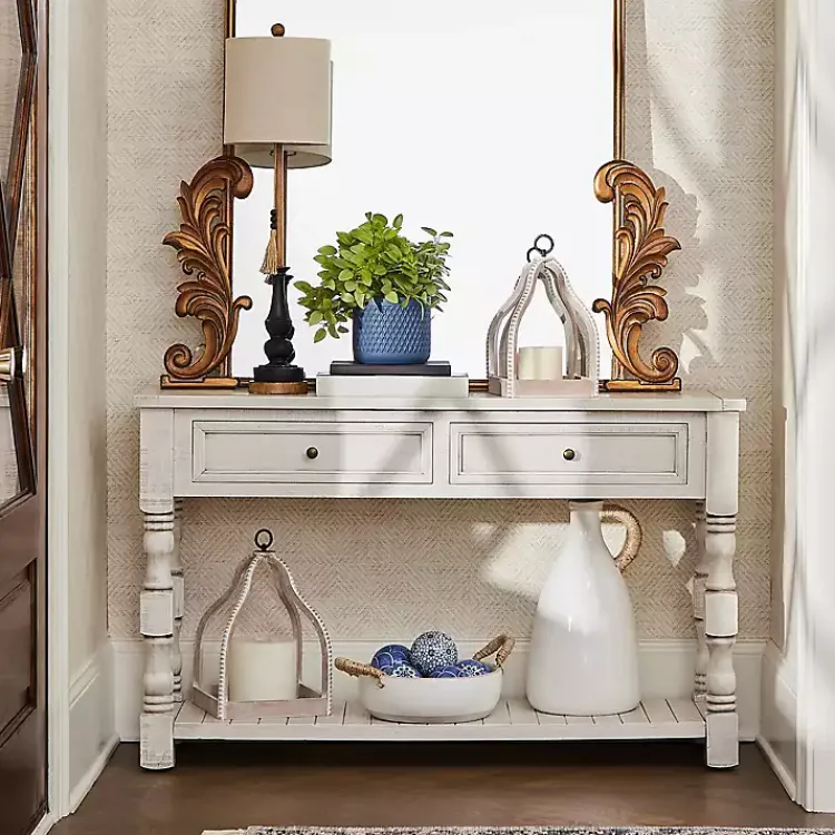 Console Tables-Kirklands Home Savannah Cream Distressed Console Table Ivory