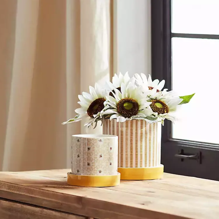 Planters-Kirklands Home Yellow Striped and Bee Decorative Pots, Set of 2