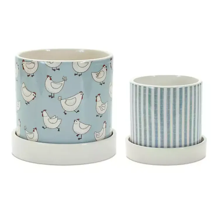 Planters-Kirklands Home Blue Striped and Chicken Decorative Pots, Set of 2