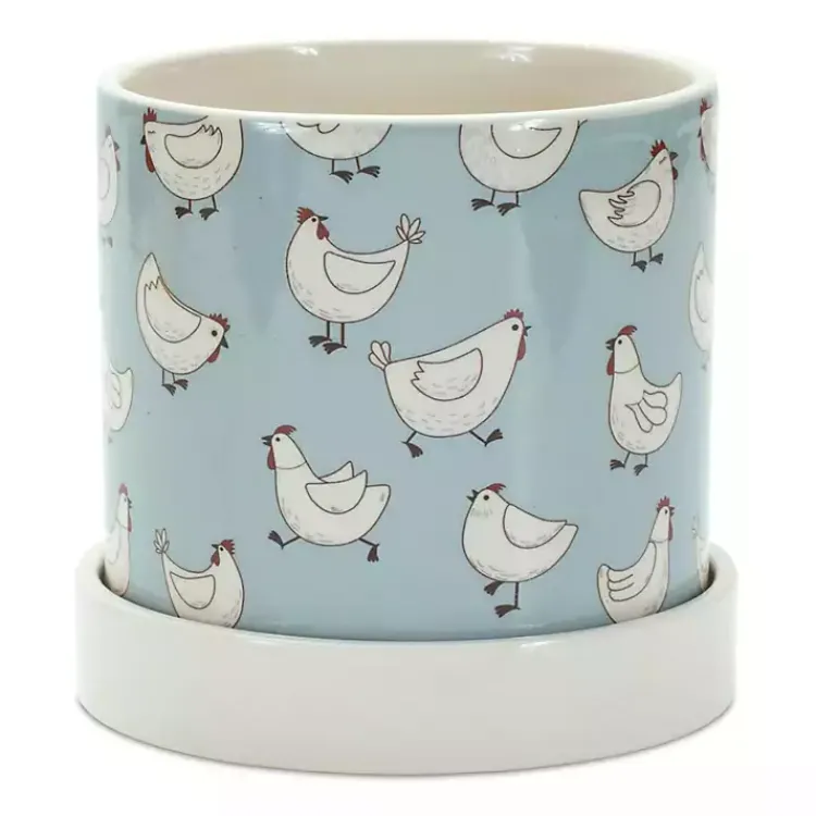 Planters-Kirklands Home Blue Striped and Chicken Decorative Pots, Set of 2