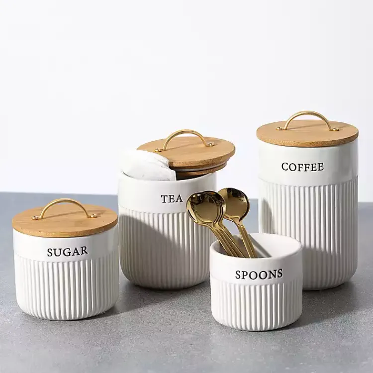 Kitchen Storage-Kirklands Home Tea Ribbed Ceramic Canister Ivory
