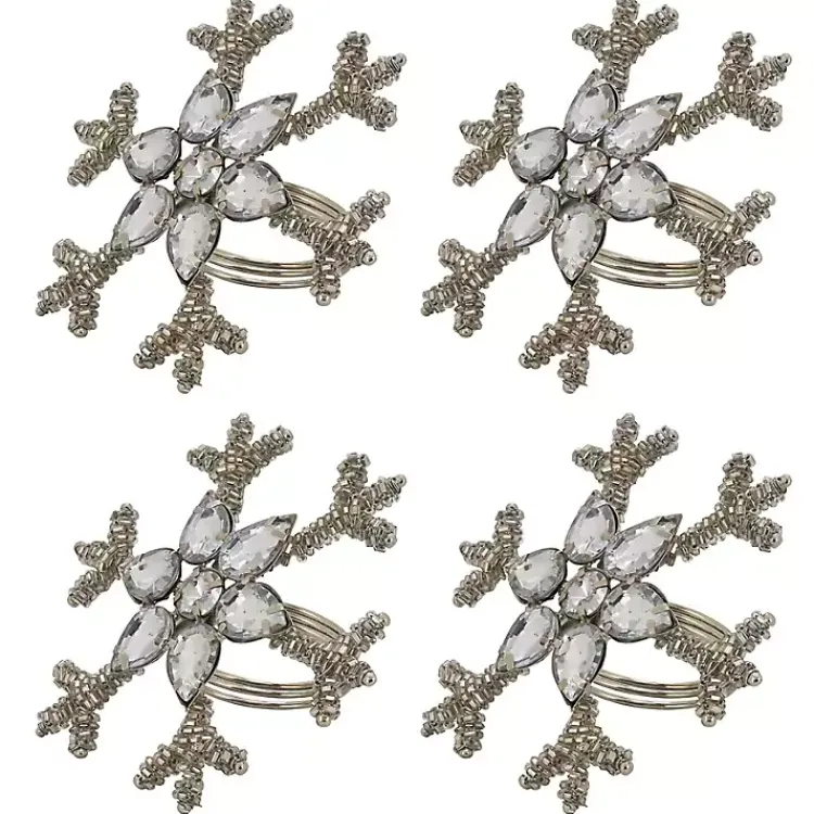 Table Linens-Kirklands Home Beaded Snowflake Napkin Rings, Set of 4 Silver