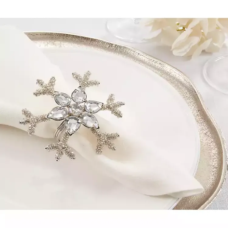 Table Linens-Kirklands Home Beaded Snowflake Napkin Rings, Set of 4 Silver