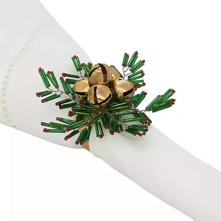 Kitchen Accessories-Kirklands Home Gold Bells and Holly Napkin Rings, Set of 4