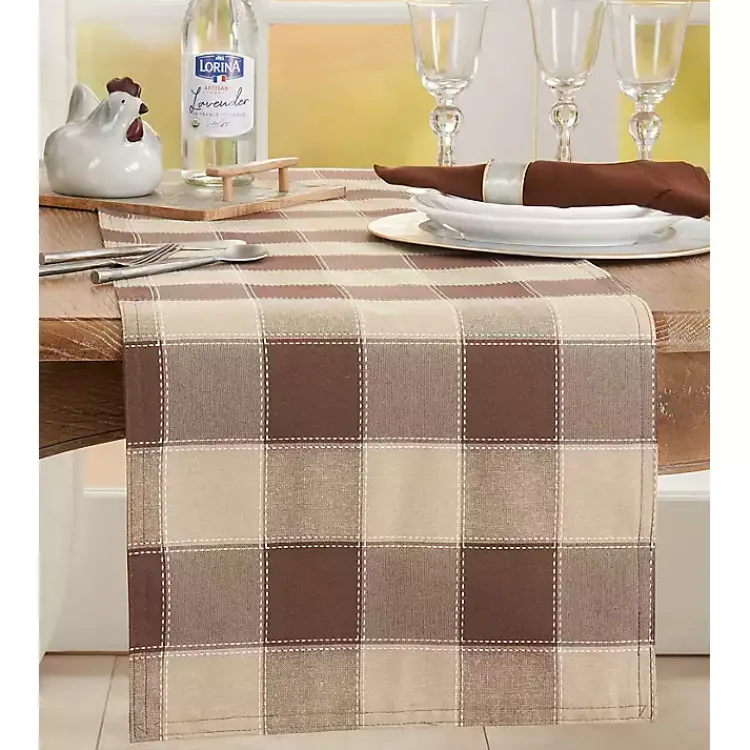 Table Linens-Kirklands Home Brown Block Plaid Table Runner, 90 in.