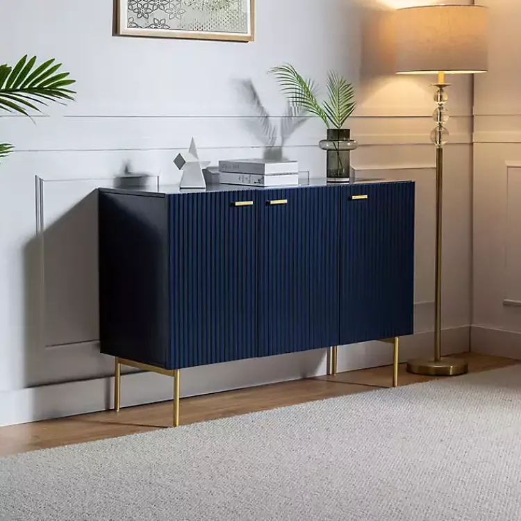 Cabinets & Sideboards-Kirklands Home Navy Ribbed Wood Sideboard Cabinet Blue