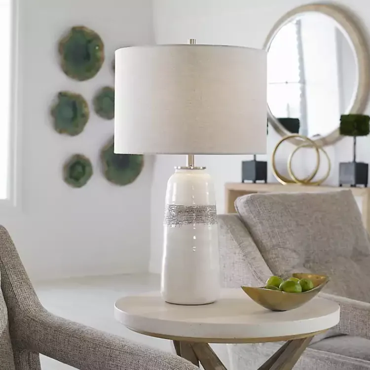 Table Lamps-Kirklands Home White and Brown Distressed Stripe Table Lamp Gray