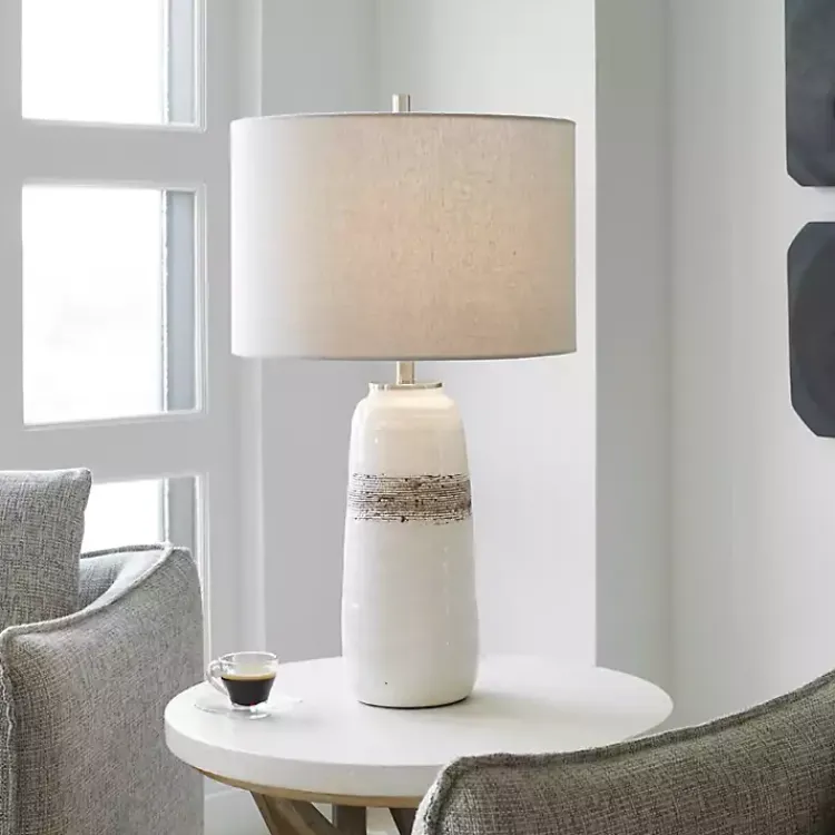 Table Lamps-Kirklands Home White and Brown Distressed Stripe Table Lamp Gray