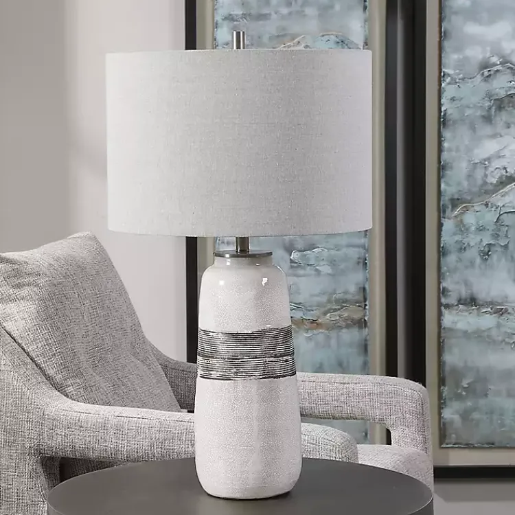 Table Lamps-Kirklands Home White and Brown Distressed Stripe Table Lamp Gray