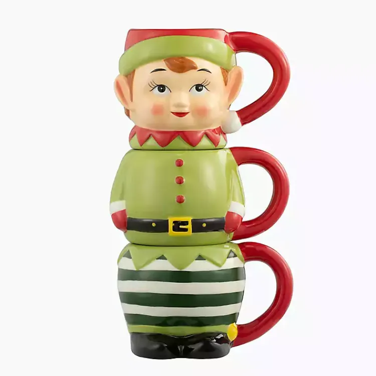 Glassware & Drinkware-Kirklands Home Elf Christmas Mugs, Set of 3 Green