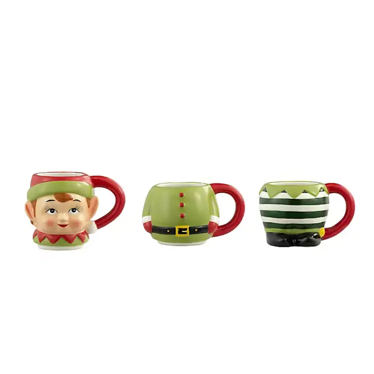 Glassware & Drinkware-Kirklands Home Elf Christmas Mugs, Set of 3 Green
