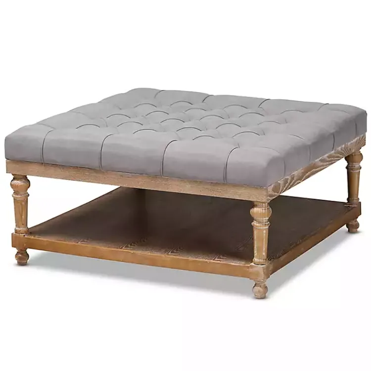 Benches & Ottomans-Kirklands Home Upholstered Linen Tufted Ottoman with Shelf Gray