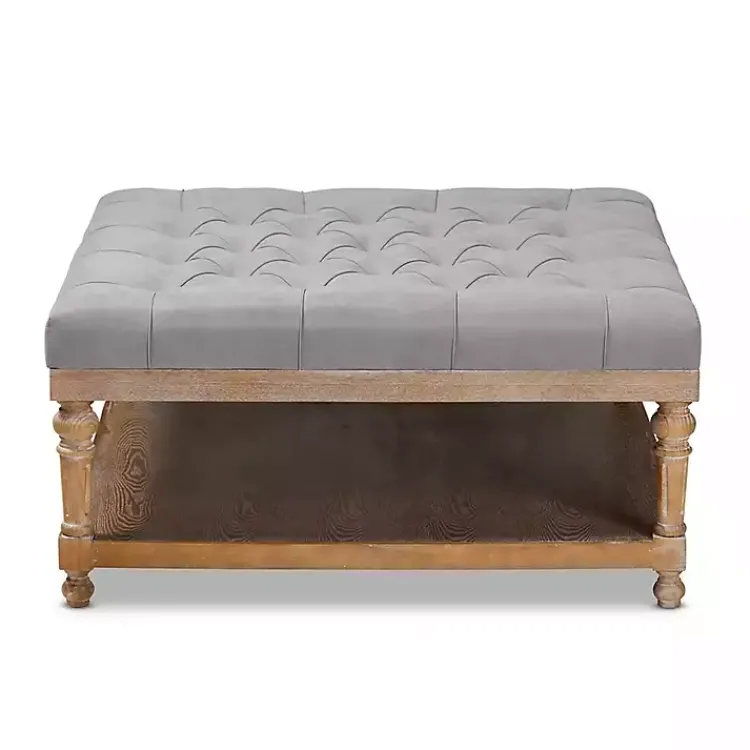 Benches & Ottomans-Kirklands Home Upholstered Linen Tufted Ottoman with Shelf Gray