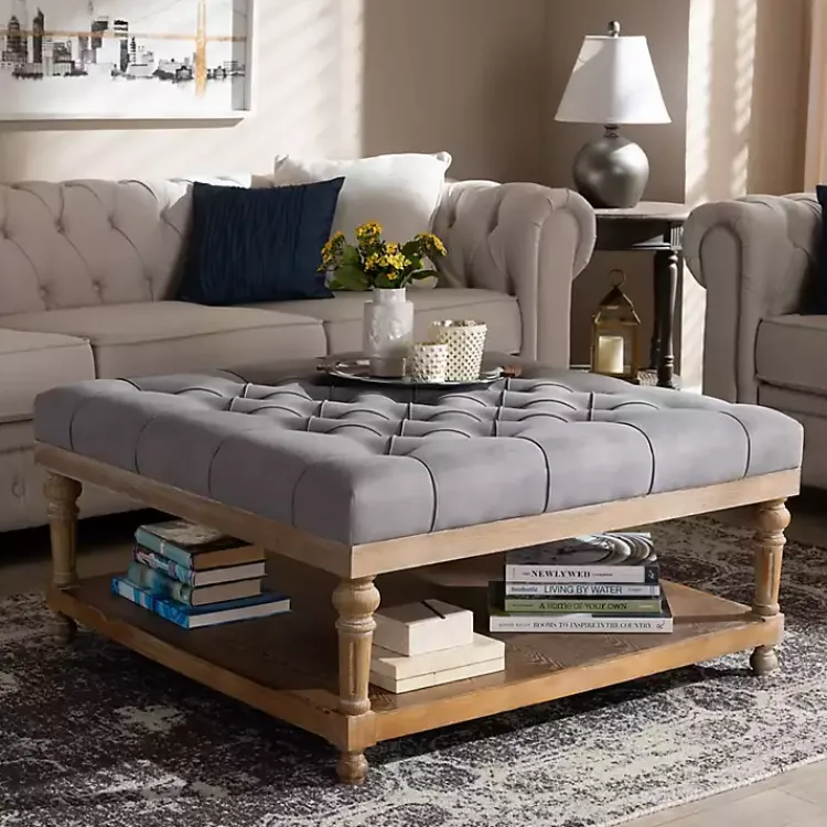 Benches & Ottomans-Kirklands Home Upholstered Linen Tufted Ottoman with Shelf Gray