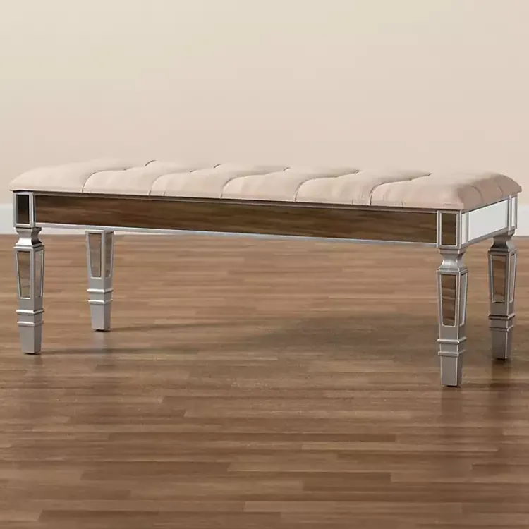 Benches & Ottomans-Kirklands Home Beige Button Tufted Bench with Mirrored Base Tan