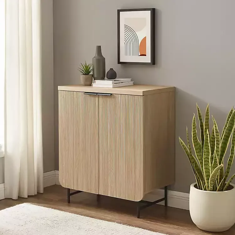 Cabinets & Sideboards-Kirklands Home Natural Fluted Wood Scandinavian Cabinet Tan