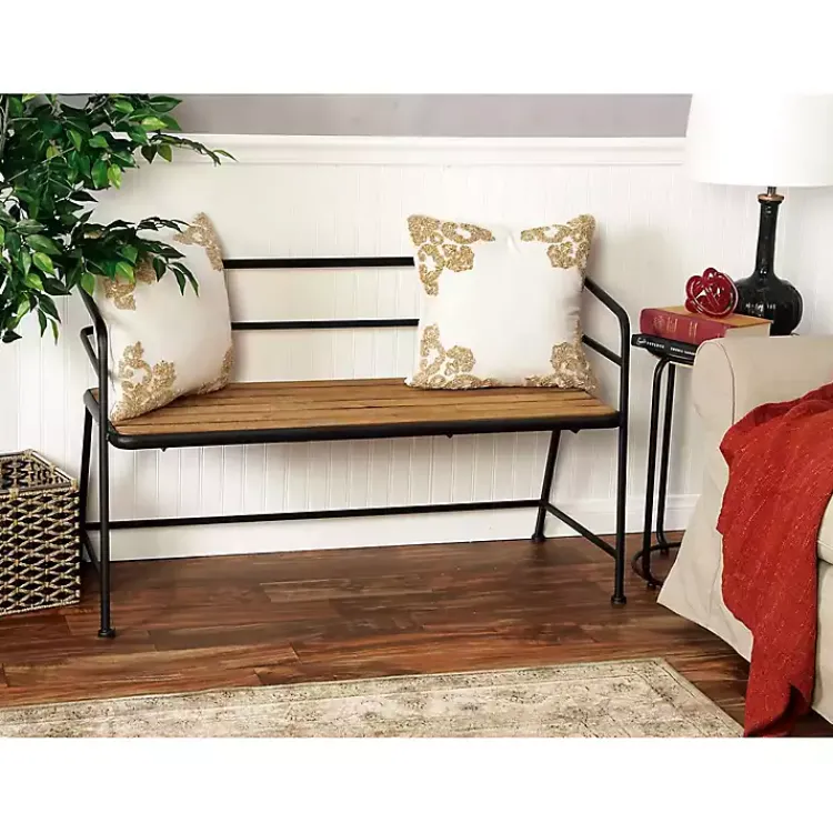 Benches & Ottomans-Kirklands Home Black Iron and Wooden Seat Industrial Bench