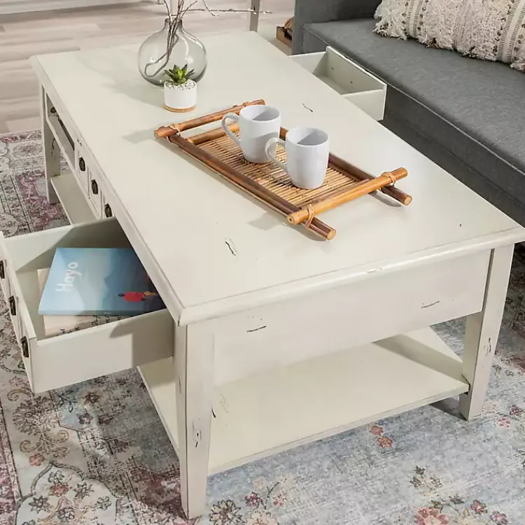 Coffee Tables-Kirklands Home Distressed Cream Wood 3-Drawer Coffee Table Ivory