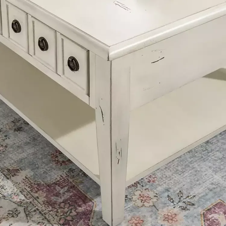 Coffee Tables-Kirklands Home Distressed Cream Wood 3-Drawer Coffee Table Ivory