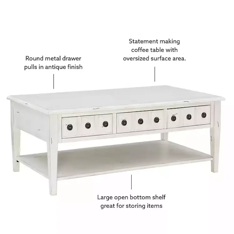 Coffee Tables-Kirklands Home Distressed Cream Wood 3-Drawer Coffee Table Ivory