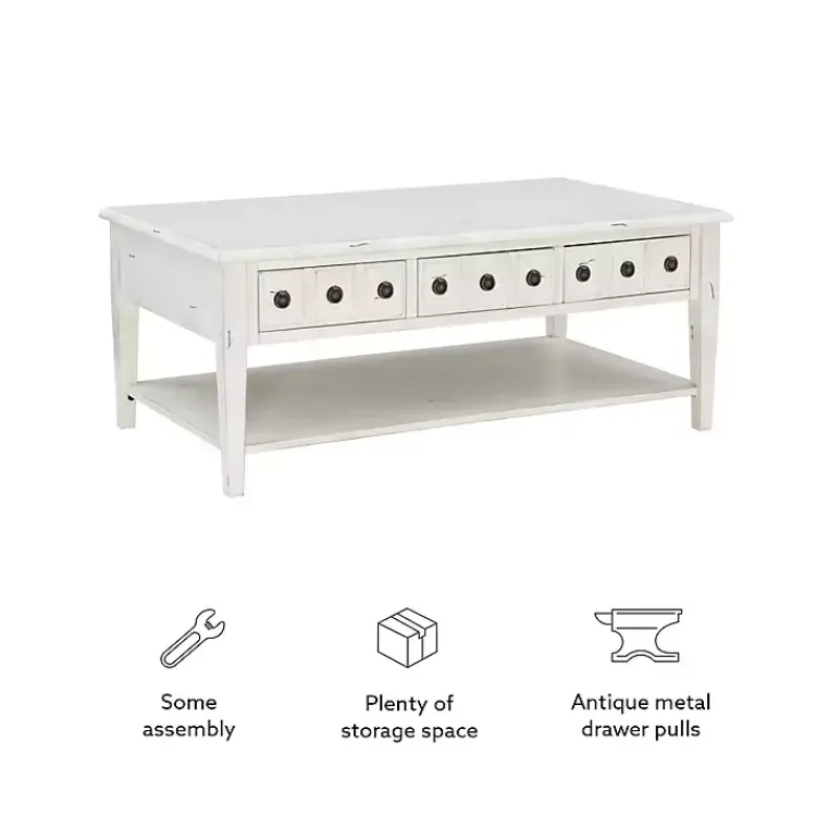 Coffee Tables-Kirklands Home Distressed Cream Wood 3-Drawer Coffee Table Ivory