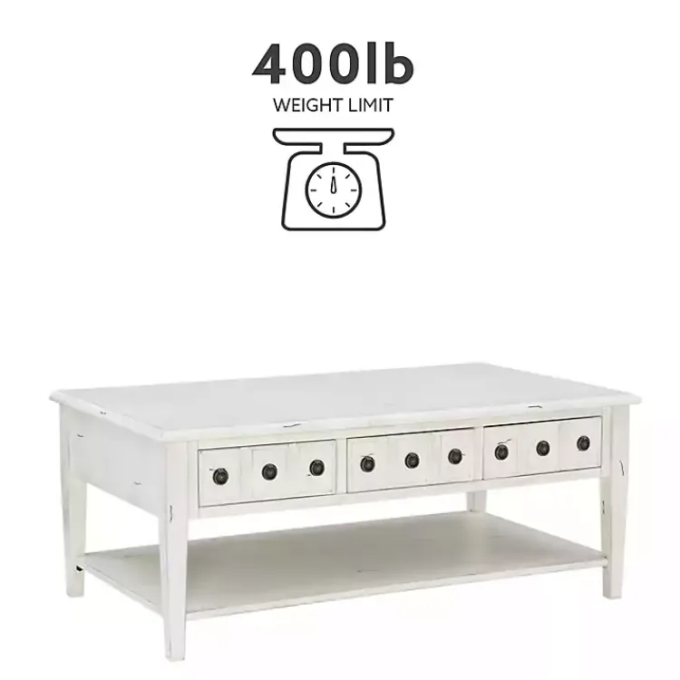 Coffee Tables-Kirklands Home Distressed Cream Wood 3-Drawer Coffee Table Ivory