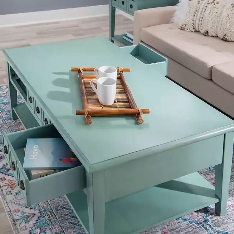 Coffee Tables-Kirklands Home Distressed Turquoise Wood 3-Drawer Coffee Table Blue