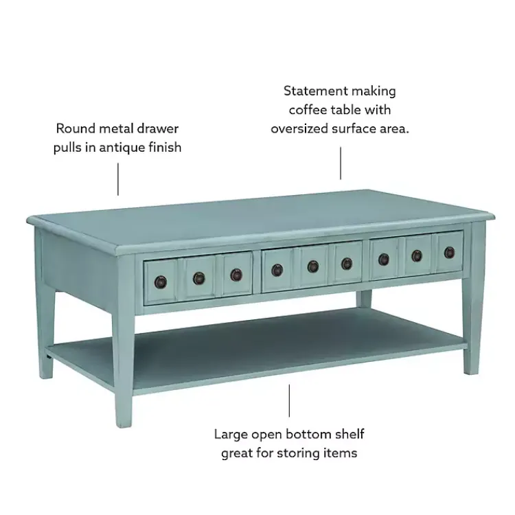 Coffee Tables-Kirklands Home Distressed Turquoise Wood 3-Drawer Coffee Table Blue