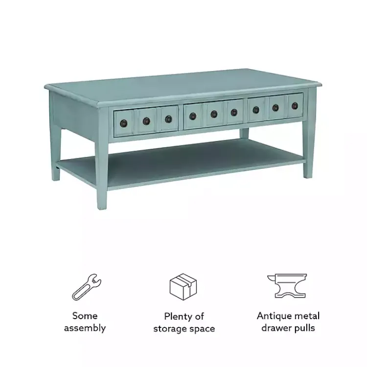 Coffee Tables-Kirklands Home Distressed Turquoise Wood 3-Drawer Coffee Table Blue