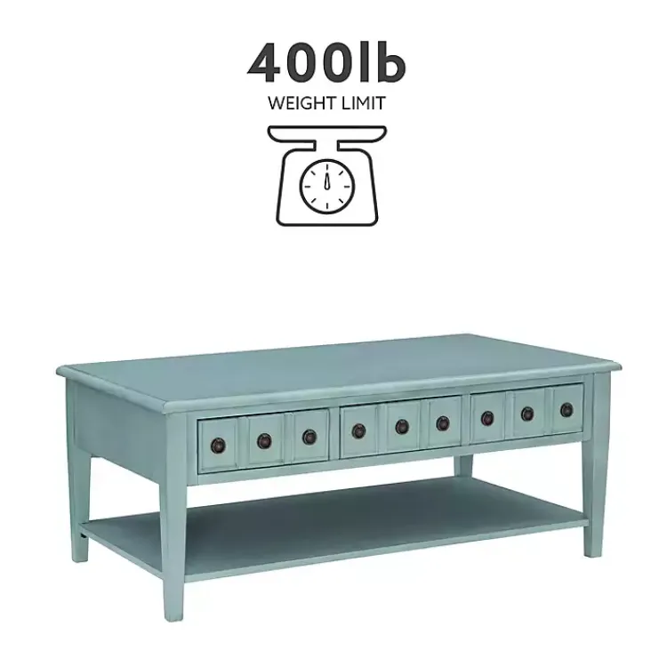 Coffee Tables-Kirklands Home Distressed Turquoise Wood 3-Drawer Coffee Table Blue