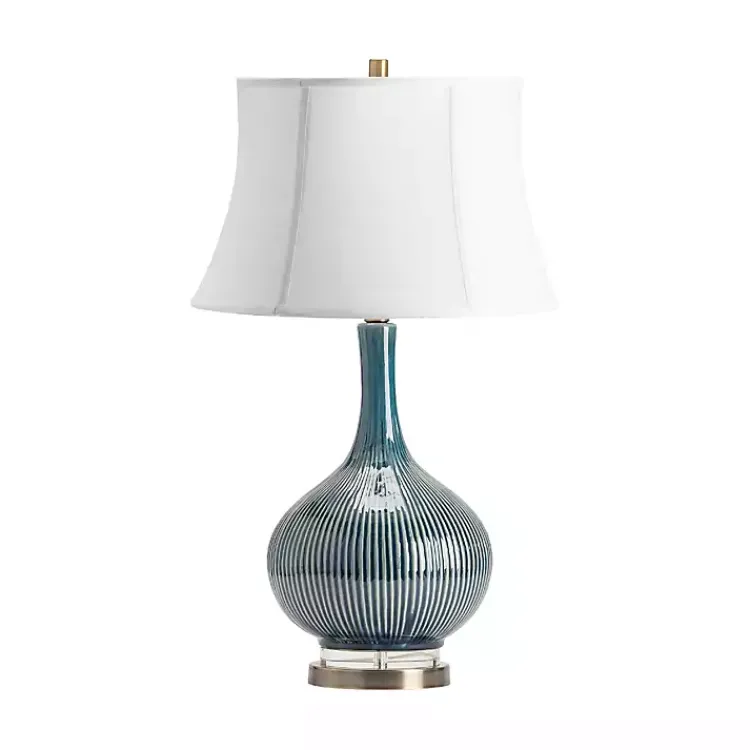 Table Lamps-Kirklands Home Blue Ceramic Stripe Base Table Lamp White