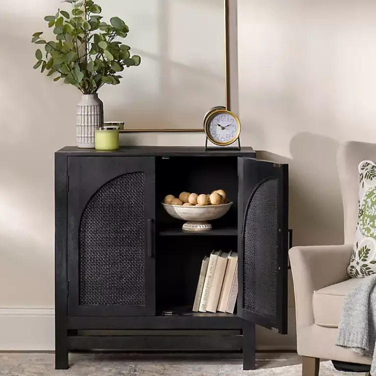 Cabinets & Sideboards-Kirklands Home Arch Cane and Wood Cabinet Black